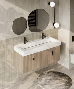 Muebles Calas badmeubel ribbelfront 120cm naturel eiken met solid surface wastafel met kraangaten