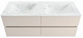 Mondiaz Vica DLux badmeubel 130cm linen 4 lades met wastafel opalo dubbel 2 kraangaten
