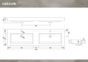 Brauer Solar Thick dubbele wastafel mineraalmarmer 160cm met 2 kraangaten wit glans