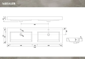 Brauer Solar Thick dubbele wastafel mineraalmarmer 160cm met 2 kraangaten wit glans
