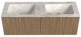 Mondiaz Kurve-dlux 130cm badmeubel dusk met 2 lades en wastafel leaf dubbel zonder kraangat frappe