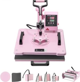 VEVOR hittepers 30x38cm 8-in-1 textielpers met mokkenpers 177-887ml, voor T-shirts, kussens, petten, mokken, borden, dubbele buisverwarmingstechnologie, tijd- en temperatuurinstelling, 360° draaibare arm, roze