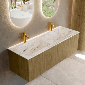 Mondiaz Kurve-dlux 130cm badmeubel dusk met 2 lades en wastafel leaf dubbel 2 kraangaten glace