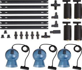 Modern railsysteem zwart met 4 spots en 3 hanglampen blauw 1-fase - Iconic Bell Jeana Luxe