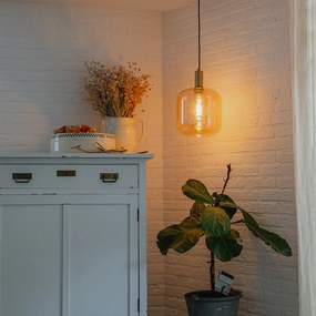 Smart hanglamp zwart met messing en amber glas incl. Wifi G95 - Zuzanna