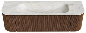 Mondiaz Kurve-dlux 150cm badmeubel ronding links/rechts walnut met 1 lade en 2 deuren en wastafel big medium midden zonder kraangat ostra