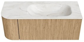 Mondiaz Kurve-dlux 115cm badmeubel ronding links oak met 1 lade en deur en wastafel big small rechts zonder kraangat ostra