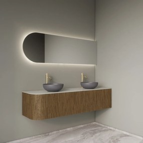 Gliss Design Alluro badmeubel ribbelfront met ronding links 160cm castle brown en wit marmer toppaneel