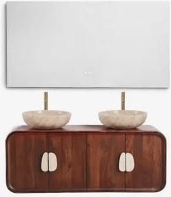 Dubbel Zwevend Badkamermeubelset 130x45 Cm Van Mangohout En Natuurlijke Kivalina-steen Rectangular Led And Antifog 140x75 Cm Riben & 2 X Geborsteld Go