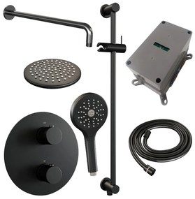 Brauer Black Edition thermostatische inbouw regendouche met 3 standen handdouche, gebogen muurarm, glijstang en hoofddouche 20cm set 93 zwart mat