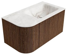 Mondiaz Kurve-dlux 85cm badmeubel ronding links walnut met 1 lade en deur en wastafel cloud rechts zonder kraangat frappe