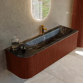 Mondiaz Kurve-dlux 145cm badmeubel ronding links ruby met 1 lade en deur en wastafel big large kraangat rechts lava