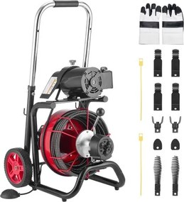 VEVOR pijpreinigingsmachine φ13 mm x 30 m, reinigingsspiraal met wielen, automatische aanvoer, 8 snijbladen en pneumatische voetschakelaar, pijpreinigingsapparaat voor pijpen van 50 tot 150 mm