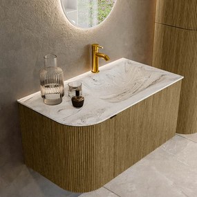 Mondiaz Kurve-dlux 85cm badmeubel ronding links dusk met 1 lade en deur en wastafel cloud kraangat rechts glace