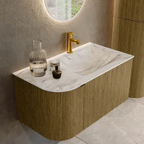 Mondiaz Kurve-dlux 85cm badmeubel ronding links dusk met 1 lade en deur en wastafel cloud kraangat rechts glace