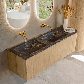 Mondiaz Kurve-dlux 145cm badmeubel ronding rechts oak met 1 lade en deur en wastafel leaf dubbel/links zonder kraangat lava