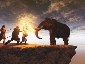 Ilustratie Prehistoric men hunting a young mammoth, estt