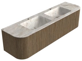 Mondiaz Kurve-dlux 170cm badmeubel ronding links/rechts dusk met 1 lade en 2 deuren en wastafel leaf dubbel 2 kraangaten frappe