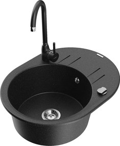 Mexen Kevin granit gootsteen 1-komorige met afdruiprek en keukenkraan Telma, zwart/zilver metallic - 6517-73-670200-70