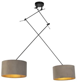 Hanglamp zwart met velours kappen taupe met goud 35 cm 2-lichts - Blitz