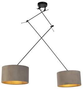 Stoffen Eettafel / Eetkamer Hanglamp zwart met velours kappen taupe met goud 35 cm 2-lichts - Blitz Landelijk / Rustiek, Landelijk E27 cilinder / rond rond Binnenverlichting Lamp
