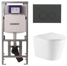 QeramiQ Dely Toiletset - 36.3x51.7cm - diepspoel - rimless - Geberit UP320 Burda inbouwreservoir - softclose toiletzitting - bedieningsplaat mat antraciet - ronde knoppen - wit mat SW1000766/0701131/SW1102376/SW1026254
