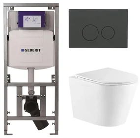 QeramiQ Dely Toiletset - 36.3x51.7cm - diepspoel - rimless - Geberit UP320 Burda inbouwreservoir - softclose toiletzitting - bedieningsplaat mat antraciet - ronde knoppen - wit mat SW543432/0701131/SW1102376