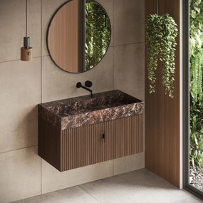 Muebles Zahora badmeubel ribbelfront 100cm walnoot met Dark Emperador wastafel zonder kraangat