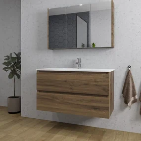Adema Chaci Badkamermeubelset - 100x46x57cm - 1 keramische wasbak wit - 1 kraangat - 2 lades - Spiegelkast - noten (hout) SW1212772/SW1212817/SW812073/SW804532
