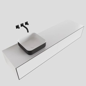 Zaro Lagom volledig naadloos solid surface onderkast met topblad 170cm mat zwart met 2 lades Push tot open. Compleet met solid surface opzetkom met 0 kraangat(en)