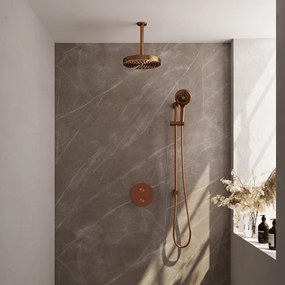 Brauer Stripe inbouw regendouche rond met 25cm hoofddouche, rond met plafondarm, glijstang en 3 standen handdouche set 48 koper geborsteld PVD