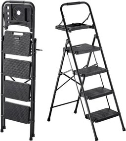 VEVOR 4-treden opvouwbare ladder met gereedschapsbak en comfortabele handgreep, huishoudladder, draagvermogen tot 272 kg, trapladder, opvouwbare kruk, veiligheidsladder voor keuken, huis en kantoor, zwart