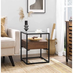 Nancy's Pullman Bijzettafel Met Glasplaat - Nachtkastje met Lade - Nachtkastjes - Industrieel - 43 x 43 x 54 cm