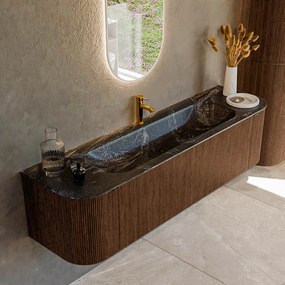 Mondiaz Kurve-dlux 170cm badmeubel ronding links/rechts walnut met 1 lade en 2 deuren en wastafel big large midden 1 kraangat lava