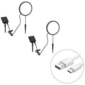 Buitenlamp Set van 2 prikspots zwart 50cm incl. LED oplaadbaar en solar IP65 - Adalind Modern IP65 Buitenverlichting rond