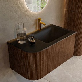 Mondiaz Kurve 85cm badmeubel ronding links walnut met 1 lade en deur en wastafel cloud kraangat rechts urban