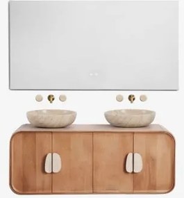 Dubbel Zwevend Badkamermeubelset 130x45 Cm Van Mangohout En Natuurlijke Kivalina-steen Travertijn - Mangohout & 2 X Ronde Travertijn Ø40 Cm Eskel -