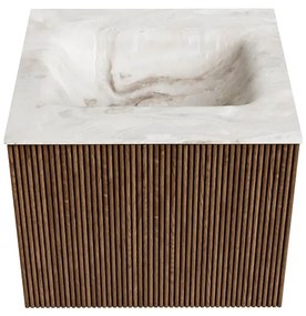 Mondiaz Kurve-dlux 50cm badmeubel walnut met 1 lade en wastafel grunne midden zonder kraangat frappe