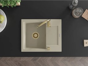 Mexen Enzo granitische spoelbak met 1 bak, afdruiprek en keukenkraan Telma, beige - 6506-69-670200-50
