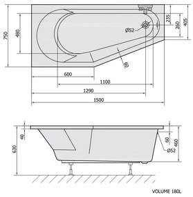 Polysan Tigra asymmetrisch ligbad 150x75cm links wit