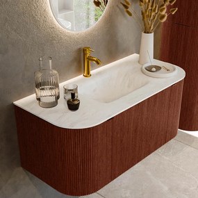 Mondiaz Kurve-dlux 100cm badmeubel ronding links/rechts ruby met 1 lade en 2 deuren en wastafel grunne midden 1 kraangat opalo