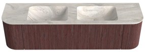 Mondiaz Kurve-dlux 170cm badmeubel ronding links/rechts ruby met 1 lade en 2 deuren en wastafel leaf dubbel zonder kraangat ostra