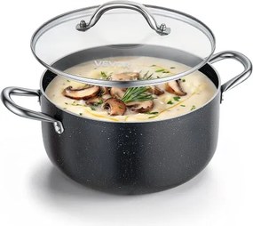 VEVOR 5,7L soeppan van aluminiumlegering met antiaanbaklaag, glazen deksel, PFOA- en PFAS-vrij, geschikt voor gas-, inductie- en elektrische fornuizen, ideaal voor soepen, stoofschotels en pasta.