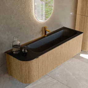 Mondiaz Kurve 145cm badmeubel ronding links oak met 1 lade en deur en wastafel big large kraangat rechts urban