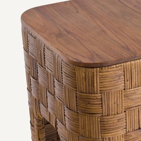 Nachtkastje van massief teakhout en gevlochten rotan, Dhalia