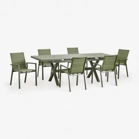 Set Van Rechthoekige Uitschuifbare Tuintafel 180-240x90 Cm En 6 Stapelbare Tuinstoelen Met Armleuningen Van Aluminium Karena Groen – Intens Olijf -