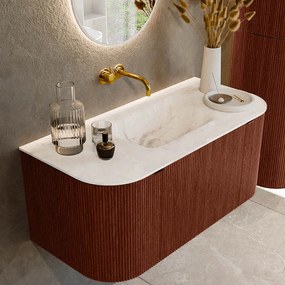 Mondiaz Kurve-dlux 100cm badmeubel ronding links/rechts ruby met 1 lade en 2 deuren en wastafel grunne midden zonder kraangat frappe