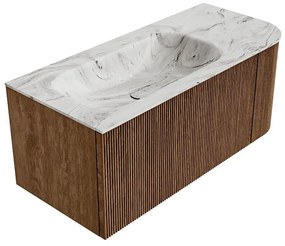 Mondiaz Kurve-dlux 105cm badmeubel ronding rechts walnut met 1 lade en deur en wastafel big small kraangat links glace