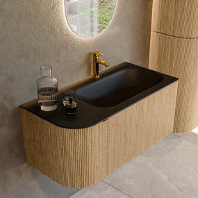 Mondiaz Kurve 95cm badmeubel ronding links oak met 1 lade en deur en wastafel big small kraangat rechts urban