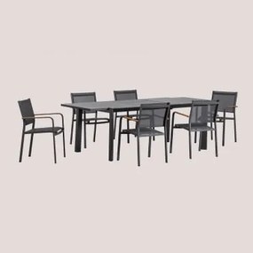 Rechthoekige Uitschuifbare Starmi-tafelset, 180x240-100 Cm, En 6 Stapelbare Archer Aluminium Tuinstoelen. Grijs – Grafiet - Sklum